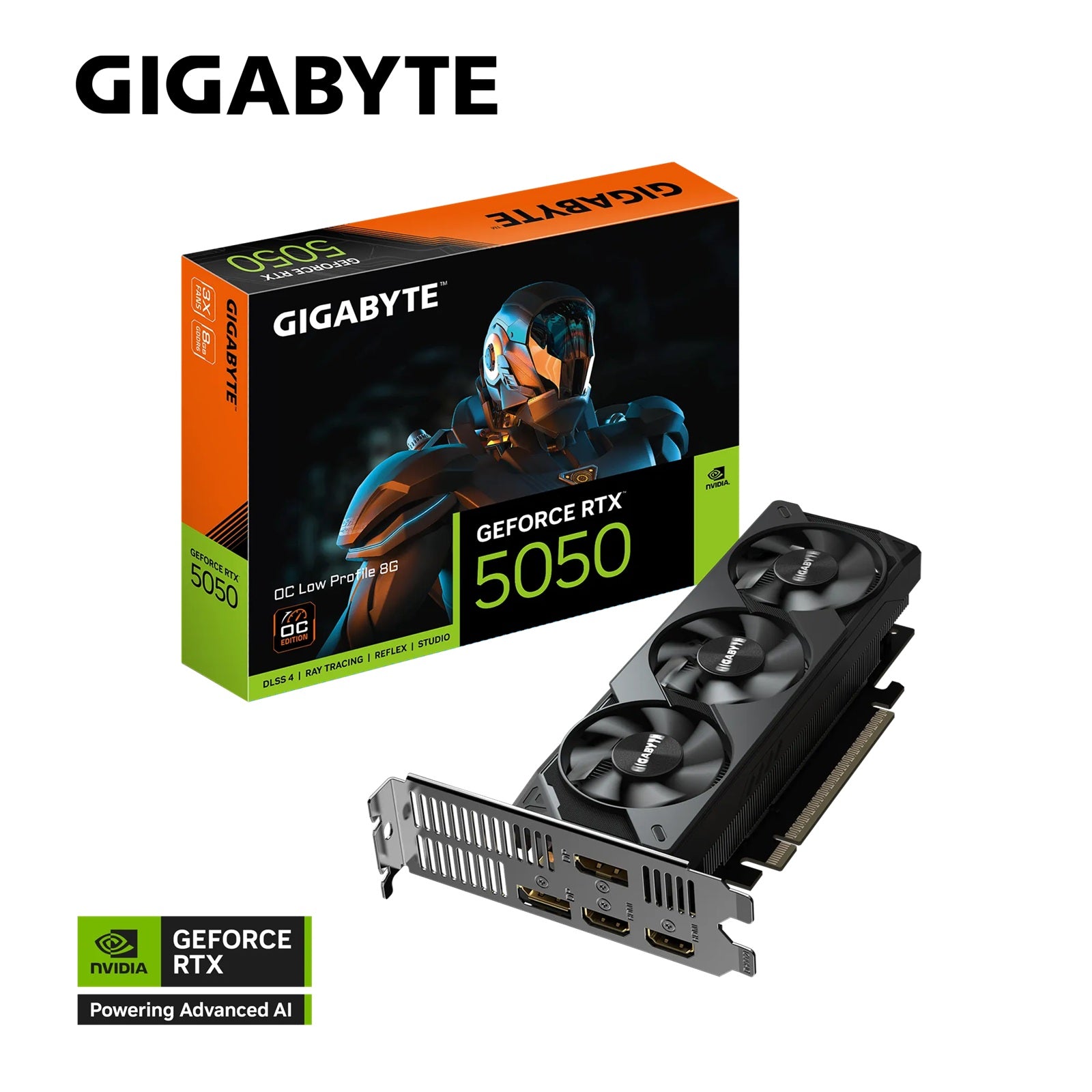 Gigabyte GeForce RTX 5050 OC Low Profile 8G, 20 Gbps, GDDR6, 128 bit, PCI-E 5.0, DirectX 12 API, PSU 550W, 8 Pin*1, HDMI 2.1b *2 Gigabyte GeForce RTX 5050 OC Low Profile 8G, 20 Gbps, GDDR6, 128 bit, PCI-E 5.0, DirectX 12 API, PSU 550W, 8 Pin*1, HDMI 2.1b *2